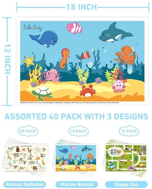 Alt view image 3 of 7 - Disposable Placemats for Baby, 40 Pack Sticky Toddler Placemat for Restaurants, Dining Table, Party, Travel, 12" x 18" with 3 Designs
