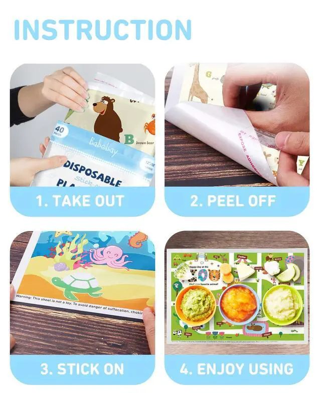 Alt view image 4 of 7 - Disposable Placemats for Baby, 40 Pack Sticky Toddler Placemat for Restaurants, Dining Table, Party, Travel, 12" x 18" with 3 Designs