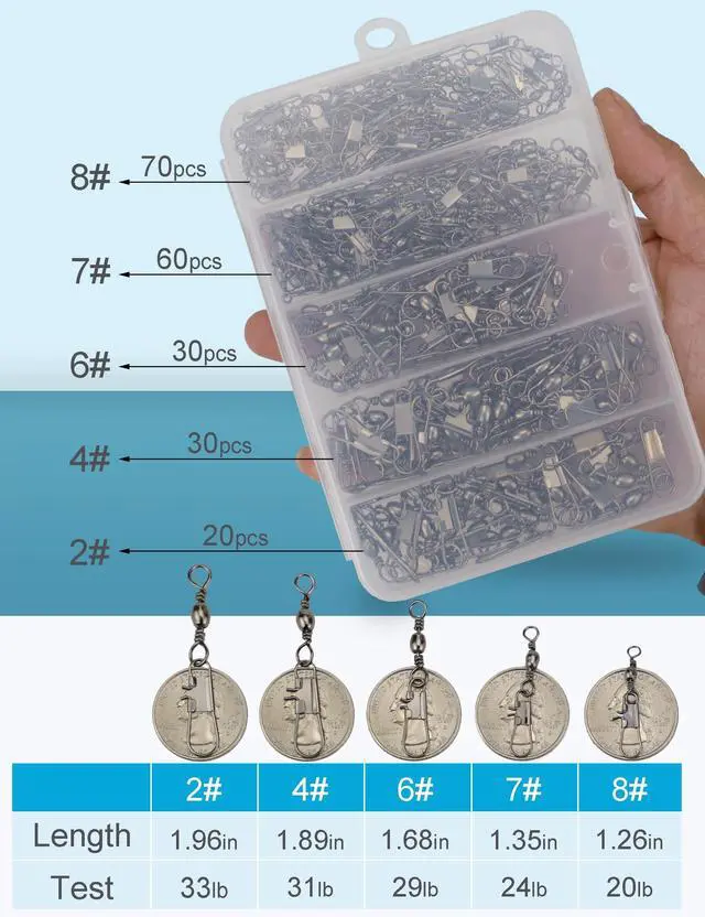 Alt view image 2 of 6 - 210pcs Barrel Swivels with Snaps, Fishing Swivels Saltwater Freshwater Snap Connector