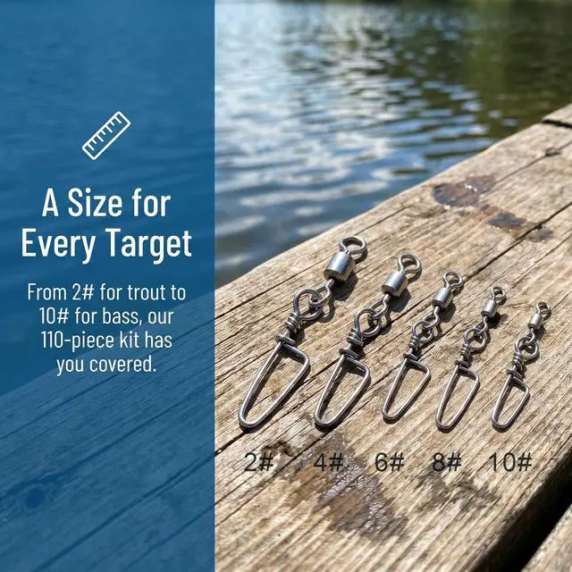Alt view image 7 of 7 - 110PCS Stainless Steel Barrel Snap Swivel Fishing Accessories, Premium Fishing Gear Equipment with Ball Bearing Swivels Snaps Connector for Quick Connect Fishing Lures