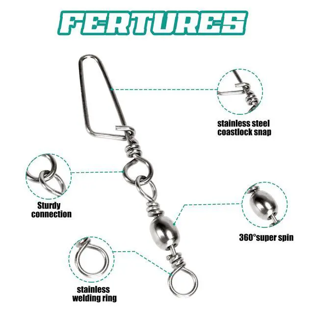 Alt view image 3 of 7 - 150PCS Fishing Swivels Snaps Kit, Ball Bearing Barrel Swivels Fishing Tackle 2# 4# 6# 8# 10#, Quick Change Snap Swivels Fishing Tackle, Saltwater Freshwater Fishing Accessories Gift