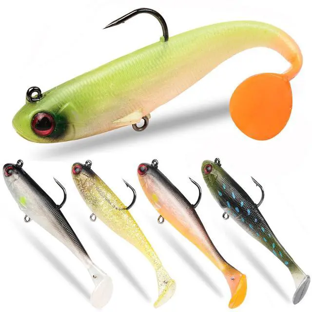 Main image of 5 Pcs Pre-Rigged Soft Fishing Lures, 3.5In Paddle Tail Jig Heads Swim Bait, Realistic Movement Easy Catch Fishing jigs Lure, Fishing Baits for Freshwater Saltwater Bass Trout Baits