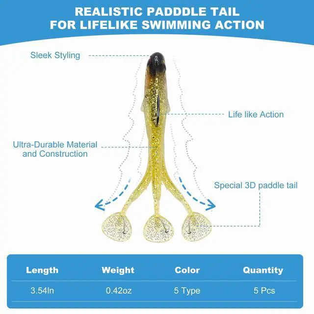 Alt view image 3 of 7 - 5 Pcs Pre-Rigged Soft Fishing Lures, 3.5In Paddle Tail Jig Heads Swim Bait, Realistic Movement Easy Catch Fishing jigs Lure, Fishing Baits for Freshwater Saltwater Bass Trout Baits