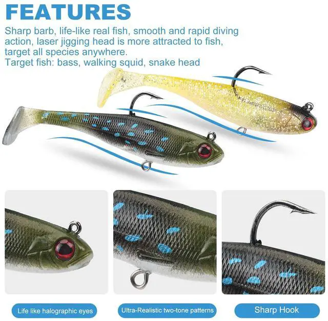 Alt view image 4 of 7 - 5 Pcs Pre-Rigged Soft Fishing Lures, 3.5In Paddle Tail Jig Heads Swim Bait, Realistic Movement Easy Catch Fishing jigs Lure, Fishing Baits for Freshwater Saltwater Bass Trout Baits