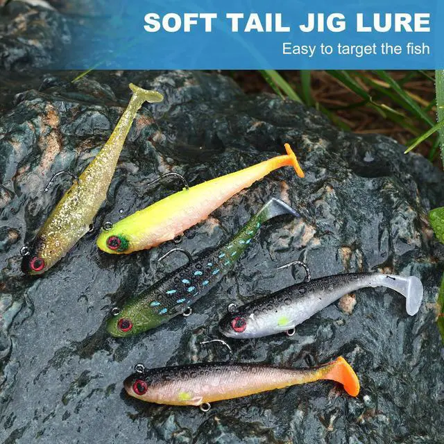Alt view image 7 of 7 - 5 Pcs Pre-Rigged Soft Fishing Lures, 3.5In Paddle Tail Jig Heads Swim Bait, Realistic Movement Easy Catch Fishing jigs Lure, Fishing Baits for Freshwater Saltwater Bass Trout Baits