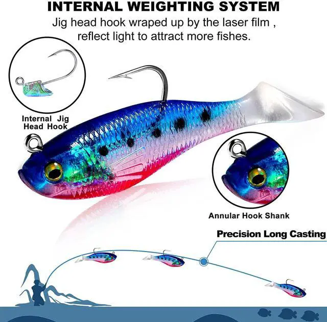 Alt view image 2 of 7 - Fishing Lures, Trout Pike Walleye Bass Fishing Jig Heads, Pre-Rigged Soft Swimbaits with Ultra-Sharp Hooks, Bass Lures with Paddle Tail, Fishing Bait for Saltwater & Freshwater