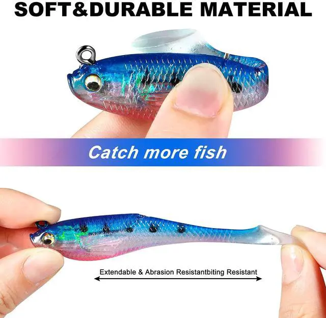 Alt view image 3 of 7 - Fishing Lures, Trout Pike Walleye Bass Fishing Jig Heads, Pre-Rigged Soft Swimbaits with Ultra-Sharp Hooks, Bass Lures with Paddle Tail, Fishing Bait for Saltwater & Freshwater