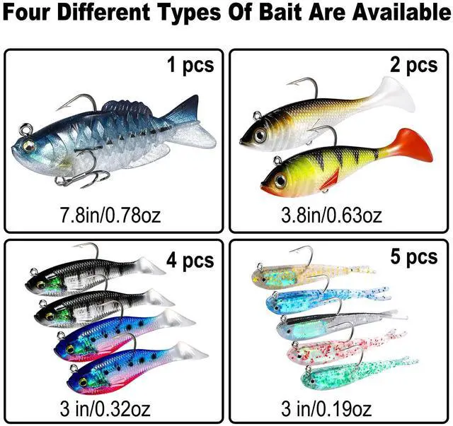 Alt view image 6 of 7 - Fishing Lures, Trout Pike Walleye Bass Fishing Jig Heads, Pre-Rigged Soft Swimbaits with Ultra-Sharp Hooks, Bass Lures with Paddle Tail, Fishing Bait for Saltwater & Freshwater