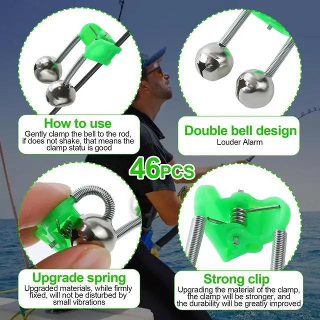 Alt view image 3 of 7 - 46PCS 3rd Generation Plastic Fishing Bells, Fishing Rod Alarm Bell with Extra Loud Dual Alert Bells Clip, Fishing Bells for Rods, Easy for Night, Ice Fishing, Green.
