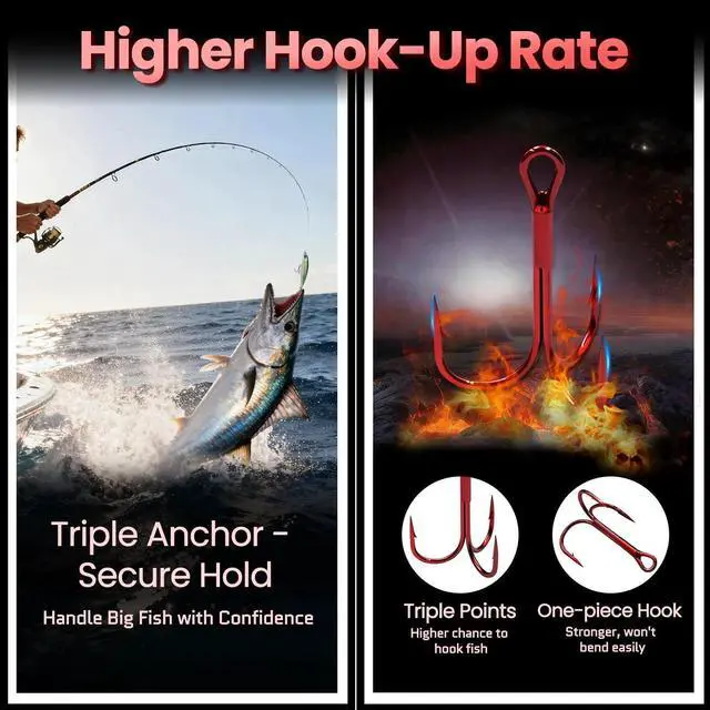 Alt view image 2 of 7 - Fishing Treble Hooks Red, 25pcs Triple Hooks High Carbon Steel Brabed Sharp,Replacement Fishing Hooks on Hard Lures for Freshwater Saltwater Size 10