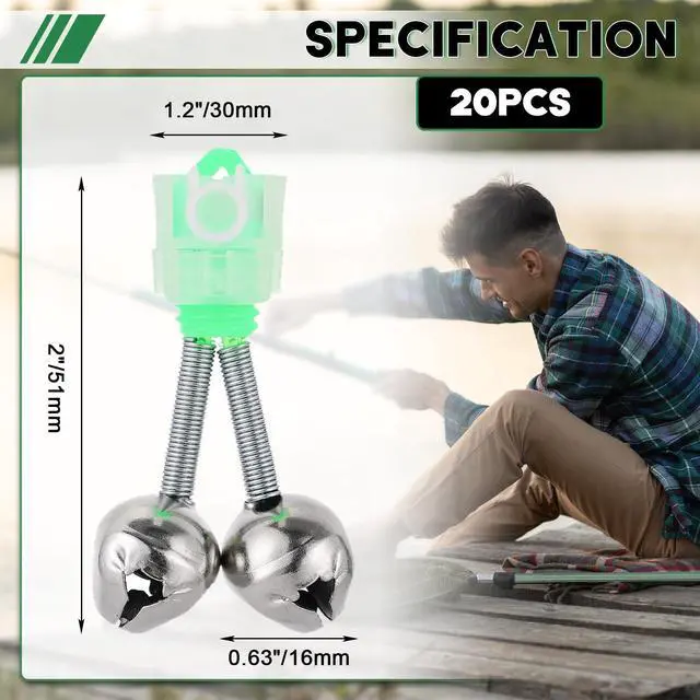 Alt view image 2 of 6 - 20PCS Fishing Bells with Spiral Clip, Double Bell Bite Alarms for Rods, Night Fishing, Clip-On or Screw-On Fishing Strike Alert with Glow Stick Indicator