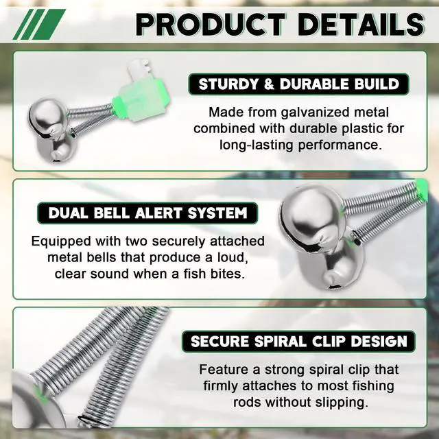 Alt view image 3 of 6 - 20PCS Fishing Bells with Spiral Clip, Double Bell Bite Alarms for Rods, Night Fishing, Clip-On or Screw-On Fishing Strike Alert with Glow Stick Indicator