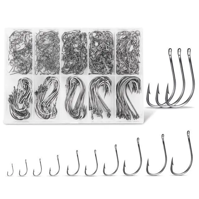 Main image of Carbon Steel Fishing Hooks 500 Pcs, Circle Hooks Assortment for Saltwater Freshwater Ice Fishing, Salt Water Fish Hooks for Catfish Trout Bass Octopus Multi Size 6 8 10 12 14 16 18 20 22 24