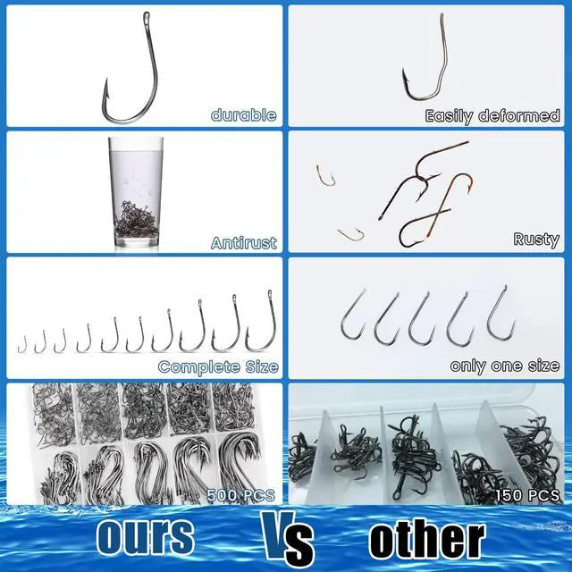 Alt view image 3 of 7 - Carbon Steel Fishing Hooks 500 Pcs, Circle Hooks Assortment for Saltwater Freshwater Ice Fishing, Salt Water Fish Hooks for Catfish Trout Bass Octopus Multi Size 6 8 10 12 14 16 18 20 22 24