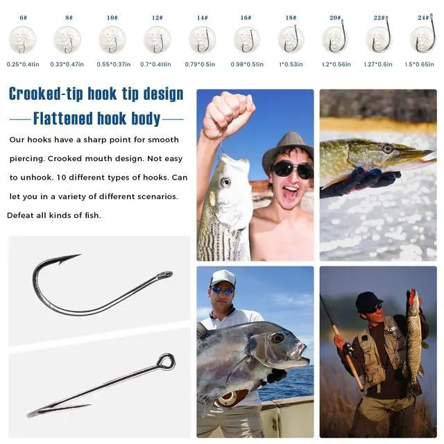 Alt view image 5 of 7 - Carbon Steel Fishing Hooks 500 Pcs, Circle Hooks Assortment for Saltwater Freshwater Ice Fishing, Salt Water Fish Hooks for Catfish Trout Bass Octopus Multi Size 6 8 10 12 14 16 18 20 22 24