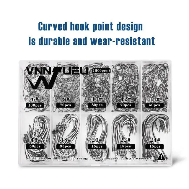 Alt view image 7 of 7 - Carbon Steel Fishing Hooks 500 Pcs, Circle Hooks Assortment for Saltwater Freshwater Ice Fishing, Salt Water Fish Hooks for Catfish Trout Bass Octopus Multi Size 6 8 10 12 14 16 18 20 22 24