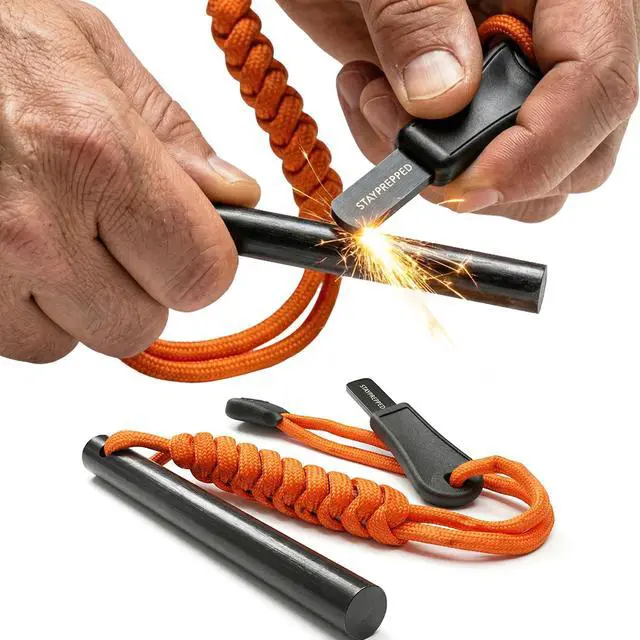 Main image of 4 Inch Survival Ferrocerium Drilled Flint Waterproof High Spark Fire Starter | Ferro Rod Kit with Orange Paracord Landyard Handle and SS Striker