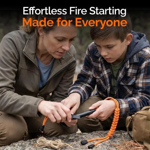 Alt view image 3 of 7 - 4 Inch Survival Ferrocerium Drilled Flint Waterproof High Spark Fire Starter | Ferro Rod Kit with Orange Paracord Landyard Handle and SS Striker