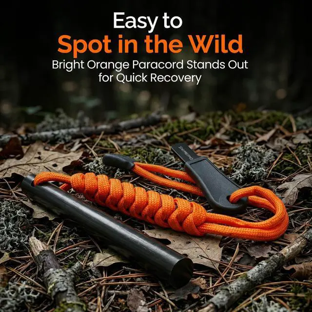 Alt view image 2 of 7 - 4 Inch Survival Ferrocerium Drilled Flint Waterproof High Spark Fire Starter | Ferro Rod Kit with Orange Paracord Landyard Handle and SS Striker