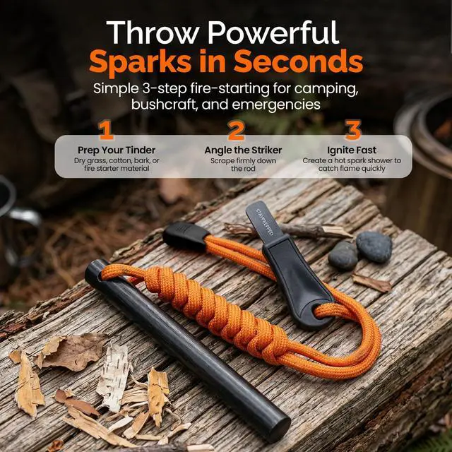 Alt view image 4 of 7 - 4 Inch Survival Ferrocerium Drilled Flint Waterproof High Spark Fire Starter | Ferro Rod Kit with Orange Paracord Landyard Handle and SS Striker