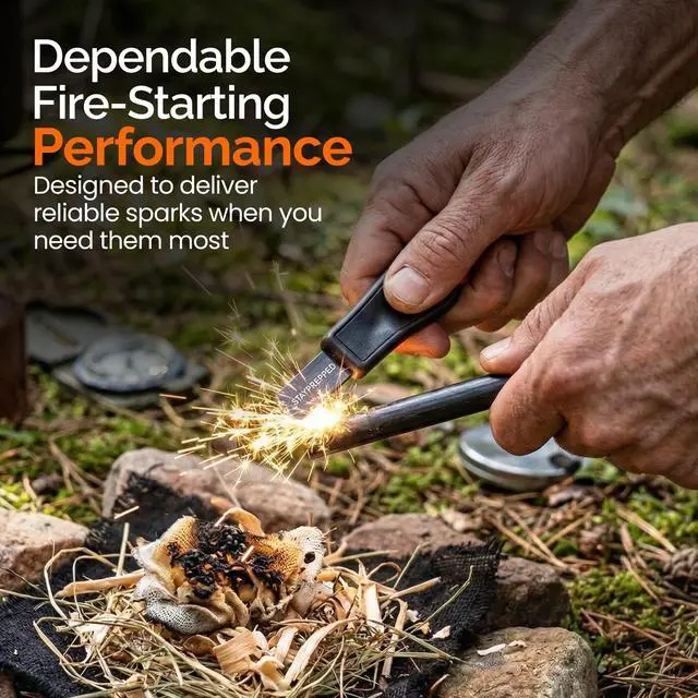 Alt view image 6 of 7 - 4 Inch Survival Ferrocerium Drilled Flint Waterproof High Spark Fire Starter | Ferro Rod Kit with Orange Paracord Landyard Handle and SS Striker