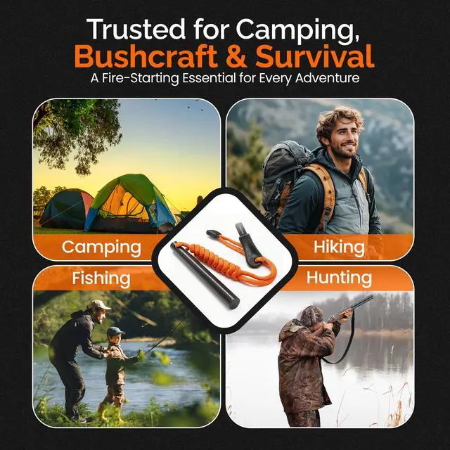 Alt view image 7 of 7 - 4 Inch Survival Ferrocerium Drilled Flint Waterproof High Spark Fire Starter | Ferro Rod Kit with Orange Paracord Landyard Handle and SS Striker