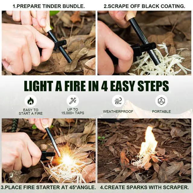 Alt view image 2 of 6 - Ferro Rod Fire Starter Kit Carbon Steel Striker & Compass-Integrated Hardwood Handle | Flint and Steel Survival Tool for Camping, Hiking, Bushcraft & Emergency
