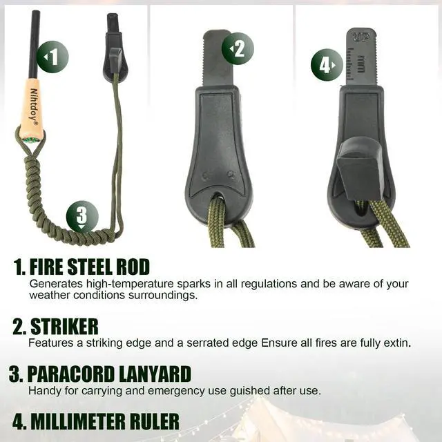 Alt view image 4 of 6 - Ferro Rod Fire Starter Kit Carbon Steel Striker & Compass-Integrated Hardwood Handle | Flint and Steel Survival Tool for Camping, Hiking, Bushcraft & Emergency