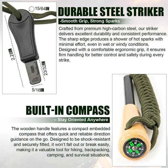 Alt view image 5 of 6 - Ferro Rod Fire Starter Kit Carbon Steel Striker & Compass-Integrated Hardwood Handle | Flint and Steel Survival Tool for Camping, Hiking, Bushcraft & Emergency