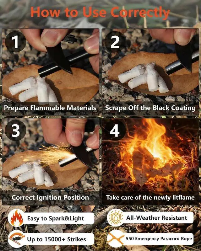Alt view image 3 of 7 - Flint and Steel Fire Starter: 4 Inch Ferro Rod Magnesium Rods Survival Tool with Paracord Handle Thicker Striker