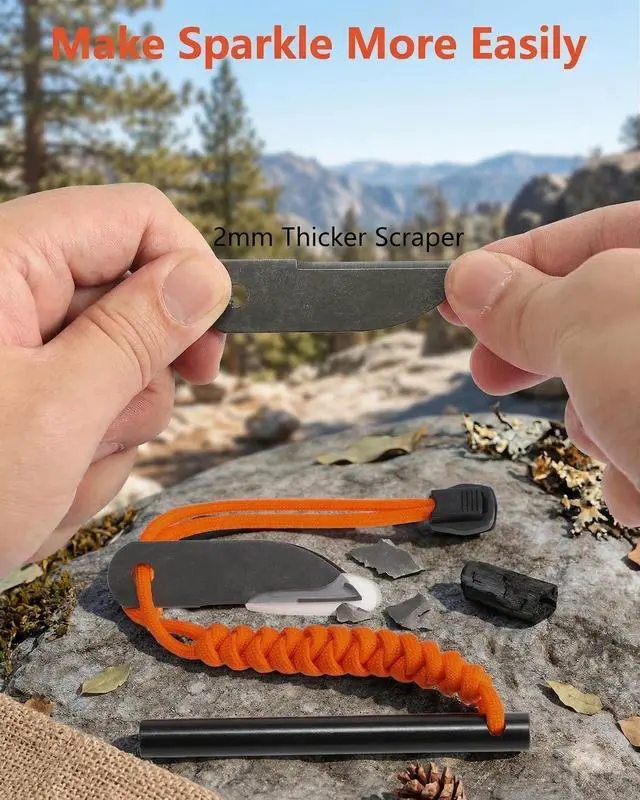 Alt view image 2 of 7 - Flint and Steel Fire Starter: 4 Inch Ferro Rod Magnesium Rods Survival Tool with Paracord Handle Thicker Striker