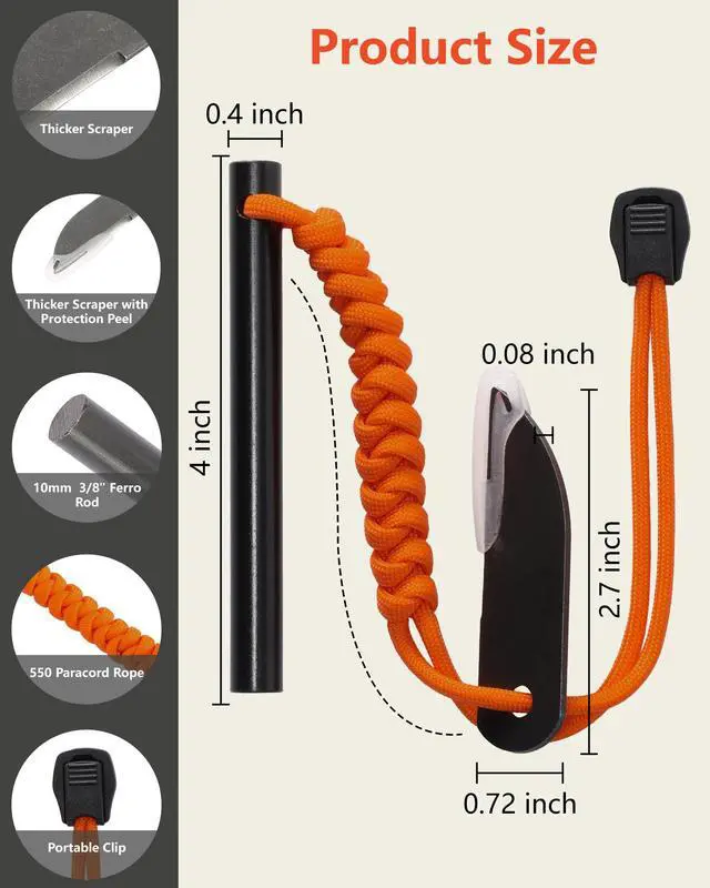 Alt view image 4 of 7 - Flint and Steel Fire Starter: 4 Inch Ferro Rod Magnesium Rods Survival Tool with Paracord Handle Thicker Striker