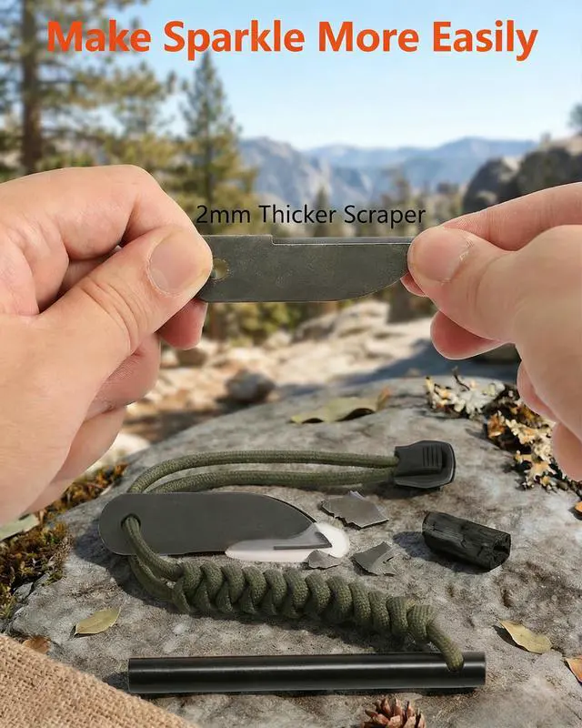 Alt view image 2 of 7 - Flint and Steel Fire Starter: 4 Inch Ferro Rod Magnesium Rods Survival Tool with Paracord Handle Thicker Striker