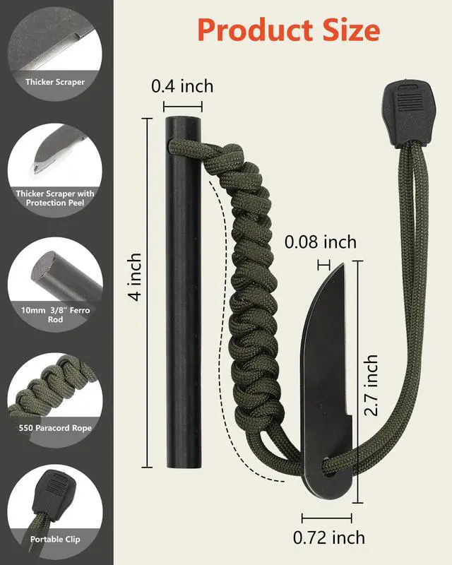 Alt view image 3 of 7 - Flint and Steel Fire Starter: 4 Inch Ferro Rod Magnesium Rods Survival Tool with Paracord Handle Thicker Striker