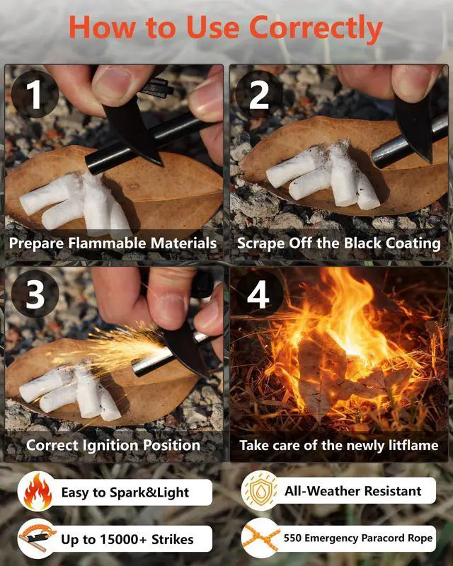 Alt view image 4 of 7 - Flint and Steel Fire Starter: 4 Inch Ferro Rod Magnesium Rods Survival Tool with Paracord Handle Thicker Striker