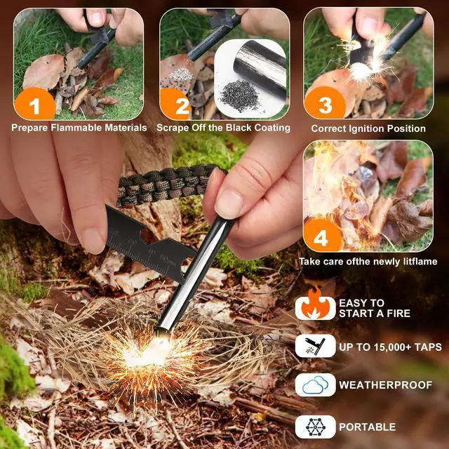 Alt view image 3 of 6 - Survival Fire Starter, 4 Inch Ferro Rod, Flint Fire Starters for Hiking and Camping, Flint and Steel Survival Tool with Paracord and Emerge
