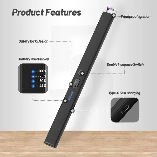 Alt view image 2 of 7 - Candle Lighter, Windproof Pulse Electric Lighter with Anti-False-Touch Lock and Led Display, Lighters for Candle BBQ Camping Festivals-Black