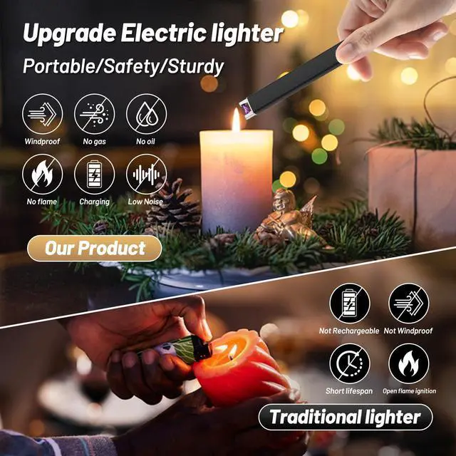 Alt view image 4 of 7 - Candle Lighter, Windproof Pulse Electric Lighter with Anti-False-Touch Lock and Led Display, Lighters for Candle BBQ Camping Festivals-Black
