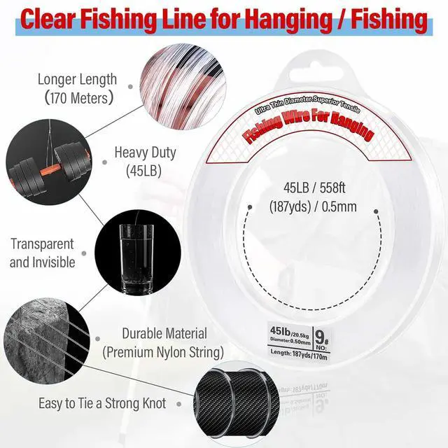 Alt view image 5 of 7 - Clear Fishing Wire, 656FT Fishing Line Clear Invisible Hanging Wire Strong Nylon String Supports 40 Pounds for Balloon Garland Hanging Decorations (0.5mm, 558ft, 45LB)