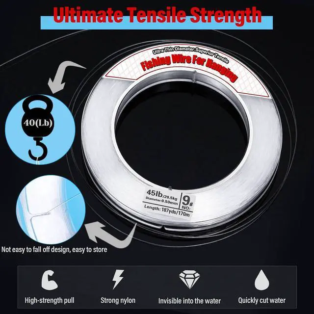 Alt view image 7 of 7 - Clear Fishing Wire, 656FT Fishing Line Clear Invisible Hanging Wire Strong Nylon String Supports 40 Pounds for Balloon Garland Hanging Decorations (0.5mm, 558ft, 45LB)