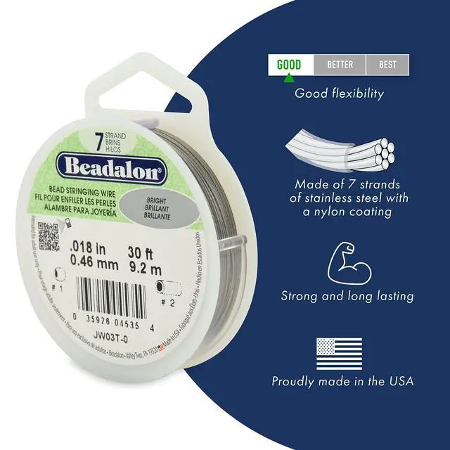 Alt view image 2 of 6 - 7-Strand Stainless Steel Beading Wire, Flexible & Durable Wire for Jewelry Making, Ideal for Necklaces & Bracelets, Nylon Coated, Seed Bead Stringing Wires, 30 ft, .015 in / 0.38 mm - Bright