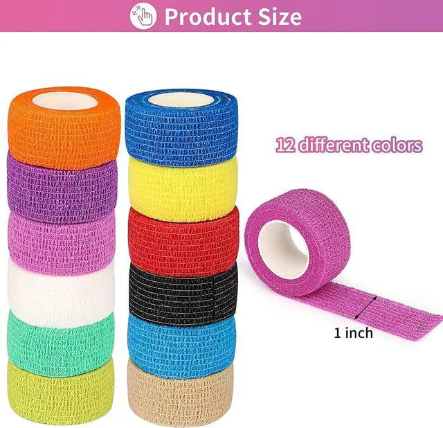 Alt view image 2 of 6 - 12Pack 1 x 5 Yards Self Adhesive Bandage Wrap, Elastic Self Breathable Self Adherent Wrap for Pets, Athletic Cohesive Bandage for First Aid, Sports Injury & Protection, 12Color