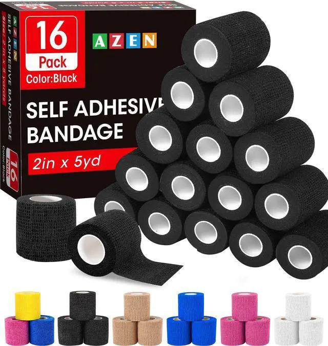 Main image of 16 Pack Self Adhesive Bandage Wrap Black, 2" X 5 Yards Black Athletic Tape, Vet Wrap, Tattoo Grip Tape WrapAnkle Tape, Cohesive Bandage Wrap