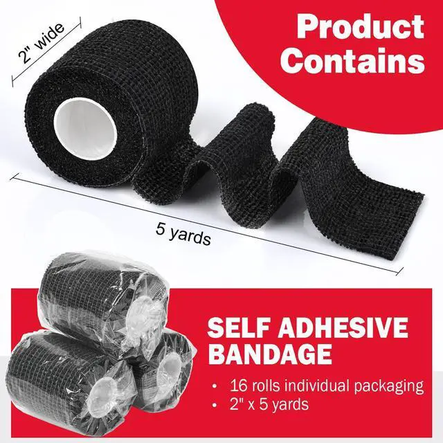 Alt view image 2 of 7 - 16 Pack Self Adhesive Bandage Wrap Black, 2" X 5 Yards Black Athletic Tape, Vet Wrap, Tattoo Grip Tape WrapAnkle Tape, Cohesive Bandage Wrap