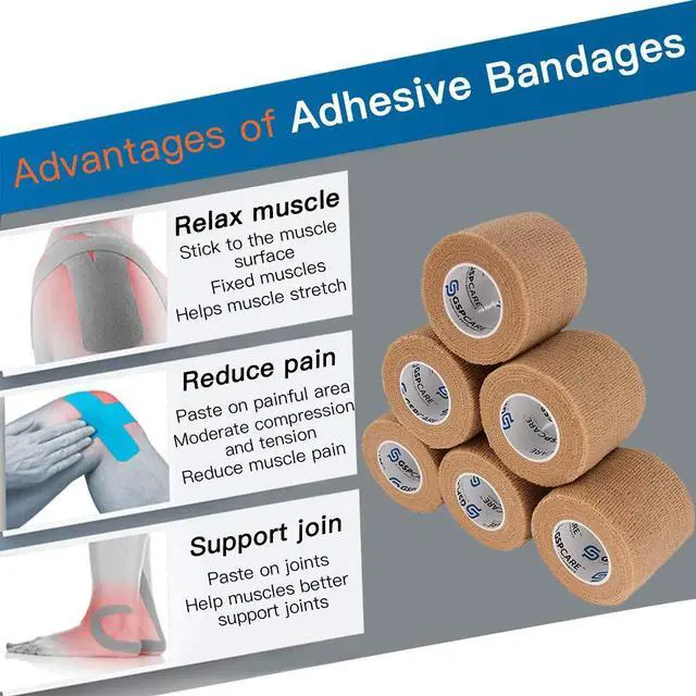 Alt view image 2 of 7 - Self Adherent Cohesive Bandages Wrap 6 Count 2" x 5 Yards, Medical Tape, Adhesive Flexible Breathable First Aid Non Woven Rolls, Stretch Athletic, Ankle Sprains & Swelling, Sports