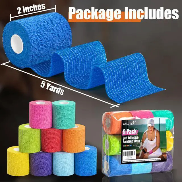 Alt view image 2 of 6 - Upgraded 9-Pack Self Adhesive Bandage Wrap 2 Inches × 5 Yards Elastic Cohesive Bandage Wrap, Self Sticking Vet Wrap, Stretch Sports Athletic Wrap Self-Adhering Adherent Wrist Tape (Multi Color)