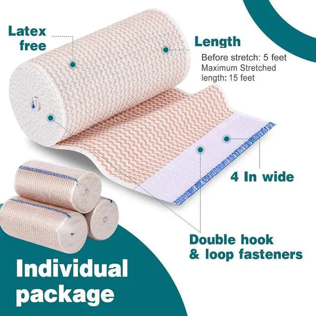 Alt view image 2 of 7 - Premium 6 Pack Elastic Bandage Wrap 4 Inch, Compression Wrap Bandage for Legs, Lymphedema Wraps for Legs, Ankle, Knee, Tummy, Body, Latex-Free