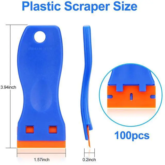 Alt view image 2 of 7 - 4 Pcs Plastic Razor Blade Scraper and 100 Pcs Blades, Remove Label Decal Tool Forwithout Scratches Plastic Razor Blade Scraper, Adhesive Remover for Stickers, Gaskets and Paints on Window Car Glass