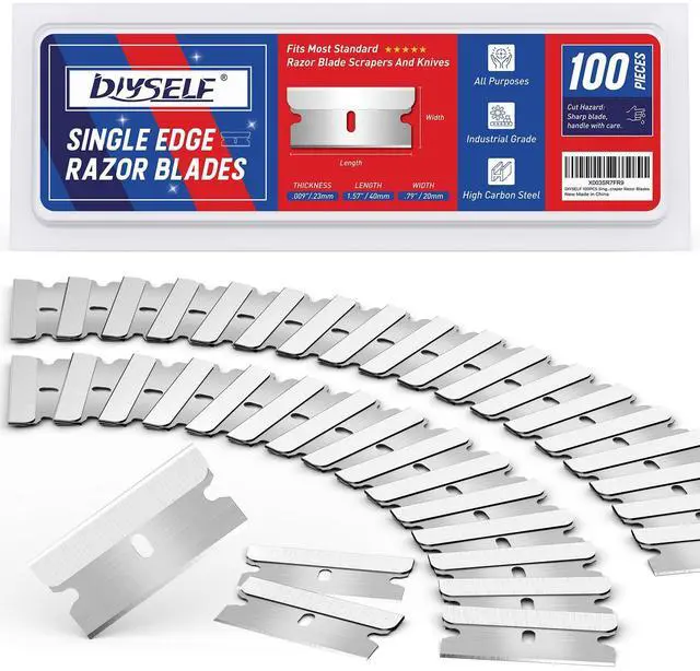 Main image of Single Edge Razor Blades, 100 Blades, Razor Blades Refiils for Razor Scraper, Utility Knife, Heavy Duty One Edge Blades, High Carbon Steel Blade for Removing Decals, Stickers