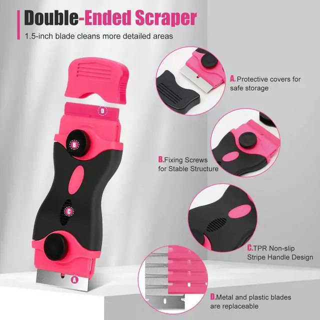 Alt view image 3 of 7 - Razor Blade Scraper Tool, 2Pcs Pink Razor Scraper with 40Pcs Replacement Blades, Glass Scraper for Removing Decals, Tint, Stickers, Labels, Caulk, Adhesive from Window, Oven, Stove Top